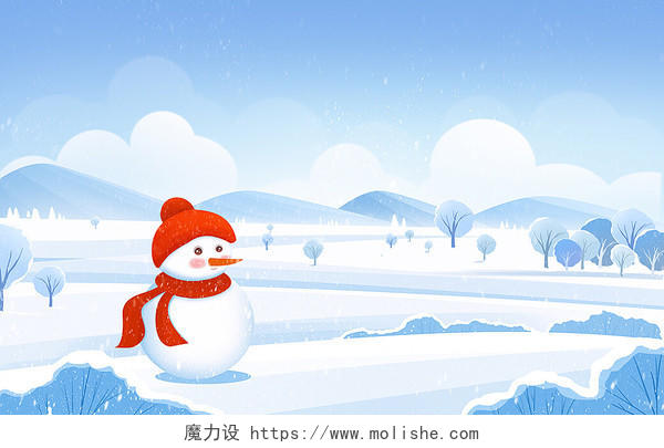 唯美卡通冬天冬季雪地雪人雪景插画海报背景大雪背景